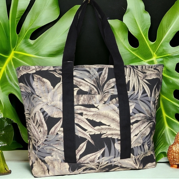 Tropical Black & Grey Floral Print Summer Tote Bag - Picture 2 of 5